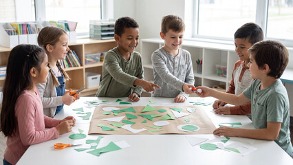 Fototapeta premium Classmates engage in a group activity by cutting and pasting green paper shapes onto a large board during an indoor school art lesson.