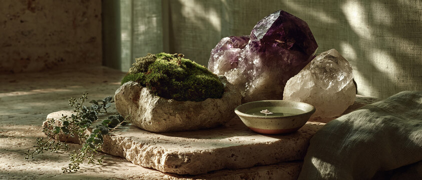Amethyst crystals with moss and stones boho meditation still life
