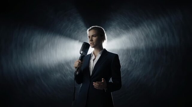 man walking in dark tunnel with light beams