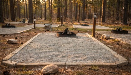 Obraz premium Medium shot of a forest campground tent site featuring marked pads fire rings and posts with pine trees softly blurred in the background for natural camping vibes.