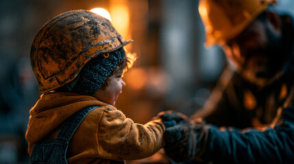 Obraz premium Young child wearing a protective construction helmet interacting with a worker, hard hat