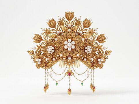 Exquisite Golden Hairpiece Adorned with Pearls and Gemstones, a Vintage Accessory for Special Occasions