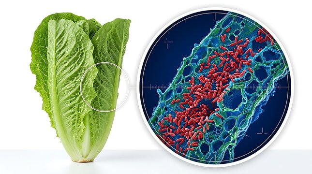 Romaine lettuce head with a microscopic view of bacteria on the leaf surface isolated on white background