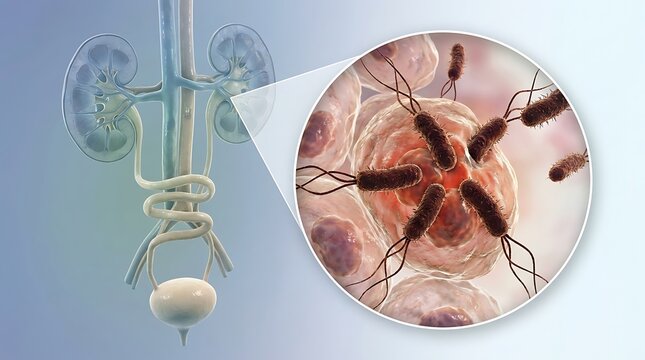 3d medical illustration of a urinary tract infection showing bacteria attacking human cells within the kidney