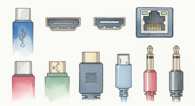 Illustrated connectors and ports for digital devices on white background