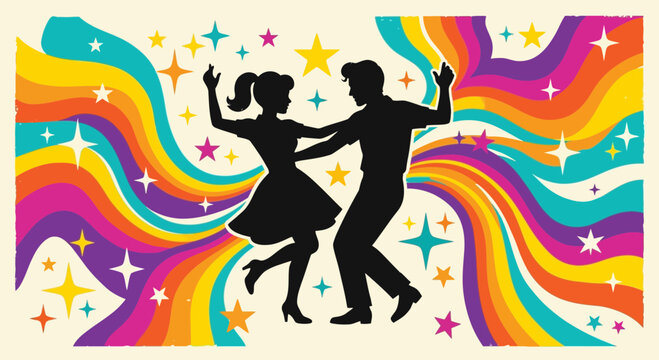 Retro couple dancing silhouette against colorful psychedelic background