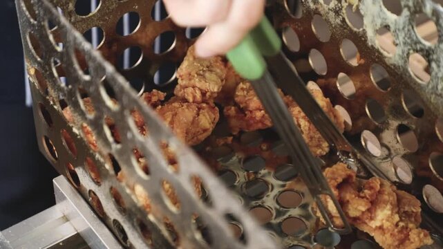 식당 주방에서 바구니 안의 다 튀겨진 치킨을 집게로 집어내는 모습