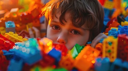 Fototapeta premium Child playing with colorful building blocks