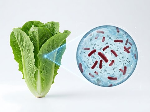 Romaine lettuce head with a microscopic view of bacteria on its leaves isolated on white background