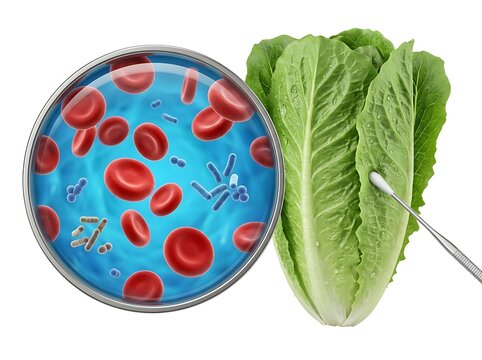 Microscopic view of bacteria on fresh romaine lettuce leaf being tested with a cotton swab