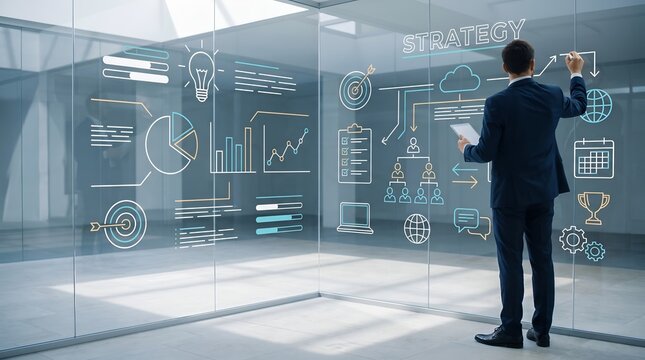 Data driven business strategy showing a manager creating an interactive workflow diagram with glowing icons on a glass board