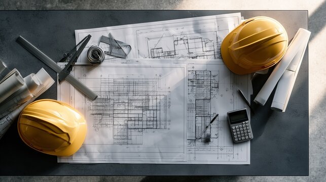 建設会社のデスクに広げられた建築図面とヘルメットの俯瞰イメージ
