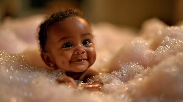 Joyful baby playing in a bathtub filled with thick bubbles bath time childhood innocent