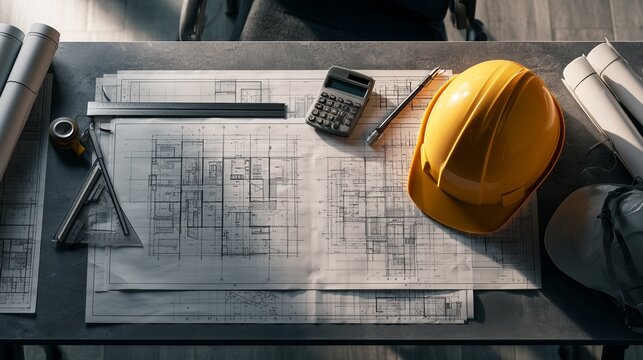 建築設計図と製図道具が並ぶ建設会社のデスクワーク風景