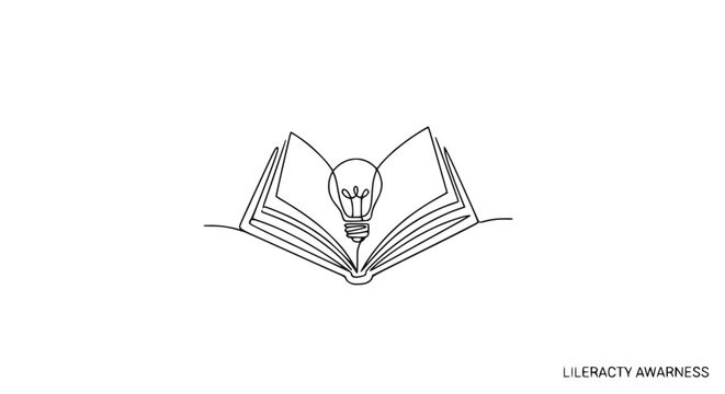 Open Book with Light Bulb Idea, Literacy Awareness Concept, Single Line Art