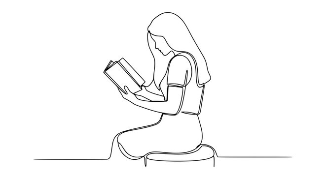 Continuous line drawing of a woman reading a book, isolated on transparent background