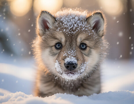 Close-up portrait of an adorable wolf pup with blue eyes and a snowy nose