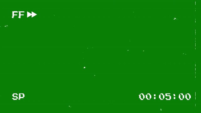 4K VHS fast forward overlay on green screen with retro tape display, playback indicators, and timer. with alpha channel
