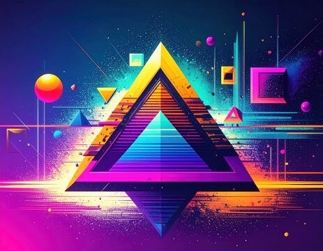 Abstract neon pyramid with geometric shapes.