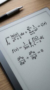 Advanced mathematical equations on digital e-ink tablet screen for academic research on wooden desk
