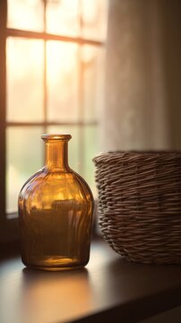 Glass carboy in wicker basket, traditional home beverage vessel.
