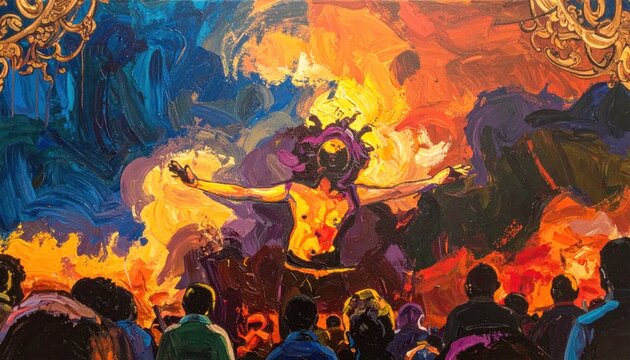 Abstract oil painting of mythical figure amidst fiery crowd.