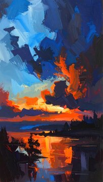 Abstract oil painting of sunset clouds over calm water.