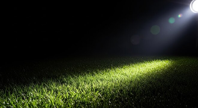 A flashlight shining on grass in the dark