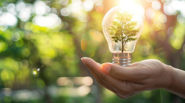 Hand holding a light bulb with a tree inside concept of energy