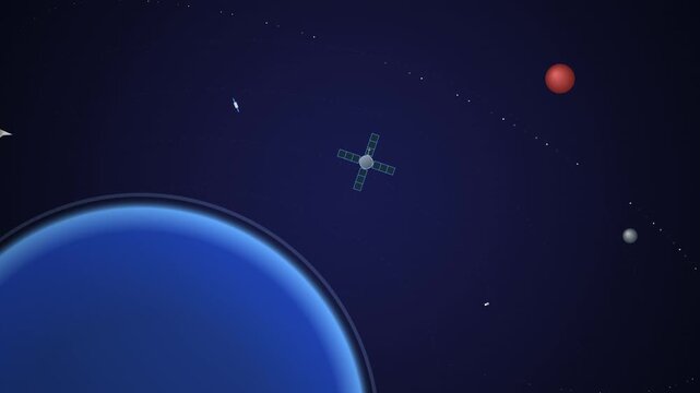 Futuristic satellite orbits blue planet in deep space with distant red planet