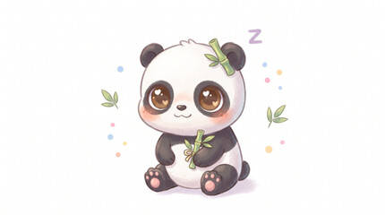 Fototapeta premium Cute baby panda holding bamboo stalk illustration isolated on clean white background
