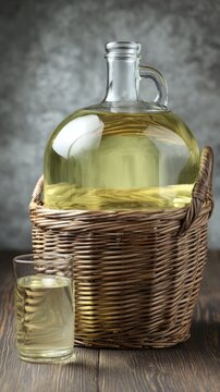 Glass carboy in wicker basket, traditional home beverage vessel.
