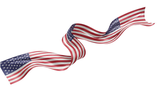 A long flowing ribbon shaped american flag with patriotic red white and blue stars and stripes design presented as an isolated on transparent background