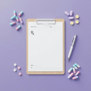 Top view of a blank medical prescription pad on a purple background with scattered pills and a pen