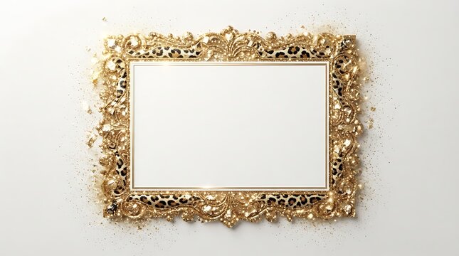 Ornate gold picture frame with leopard print accents and sparkling glitter particles isolated on white background