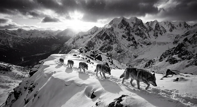 Black and white landscape of a wolf pack walking across a snowy mountain ridge
