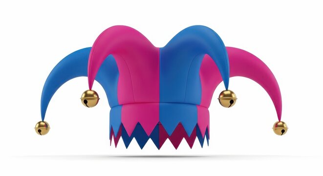 Colorful Pink and Blue Jester Hat with Golden Bells Isolated on White Background for Carnival and Party Concepts