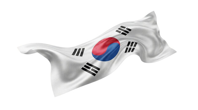 A high quality fabric texture of the national flag of south korea waving in the wind presented as an isolated on transparent background