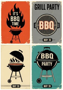 Set of Vintage BBQ Grill Party Posters with Retro Design Elements and Distressed Texture for Summer Barbecue Events