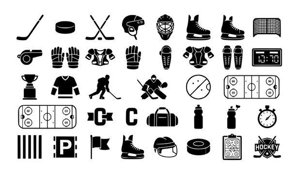 Black Hockey Icon Set Isolated Ice Hockey Sports Silhouette Vector Collection
