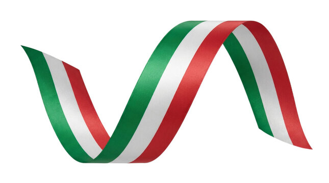 A wavy silk ribbon featuring the colors of the italian flag flowing in a graceful curve presented as an object isolated on transparent background