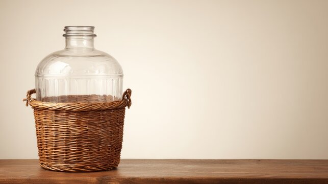 Glass carboy in wicker basket, traditional home beverage vessel.

