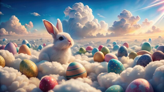 Cute White Rabbit Surrounded by Colorful Easter Eggs in Clouds