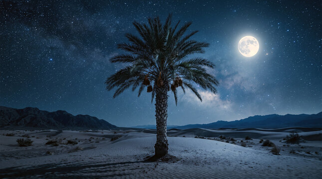 Single date palm tree silhouette in the middle of a sandy desert under a glowing full moon and a vibrant starry night sky, capturing a sense of solitude, wonder, and natural beauty in the wild.
