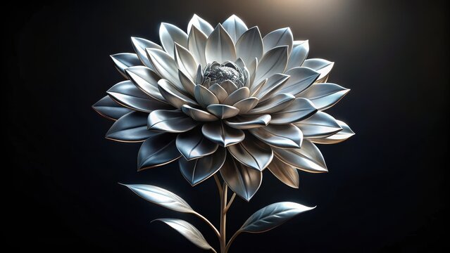 Silver Lotus Flower Sculpture with Petals and Leaves on Dark Background