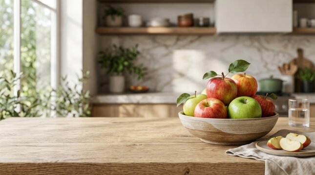 Fresh ripe apples in bowl on wooden table with kitchen background