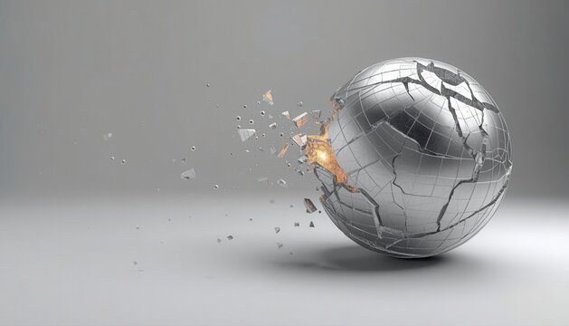 Abstract silver sphere exploding into fragments on grey background with explosion shattered fragments abstract metallic breaking destruction particle geometric background transformation
