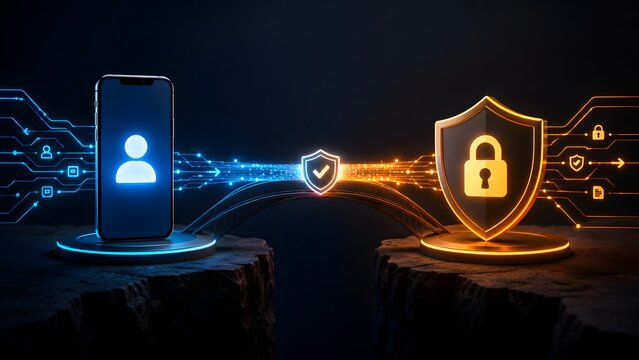 Smartphone with user icon connected by a bridge to a golden padlock over a chasm. Concept of remote access security and bridging cybersecurity gaps.