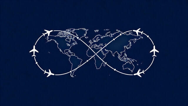 Infinity loop flight path around the world map on a dark blue background concept