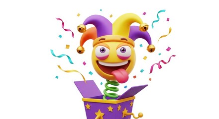 Fototapeta premium 3D Rendered Jack-in-the-Box Emoji with Jester Hat and Confetti for April Fools Day and Celebration